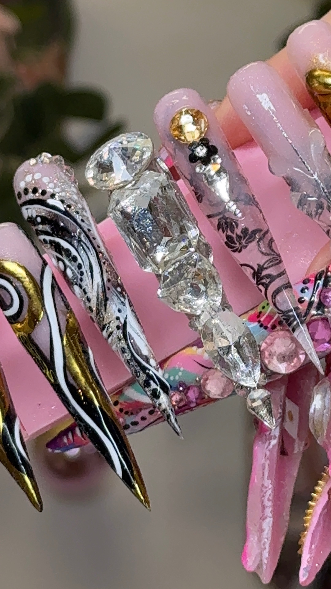 Pink luxury acrylic press-on set with Swarovski crystals